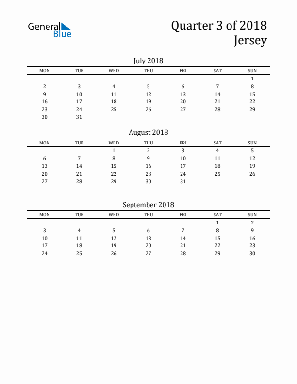 Quarter 3 2018 Jersey Quarterly Calendar