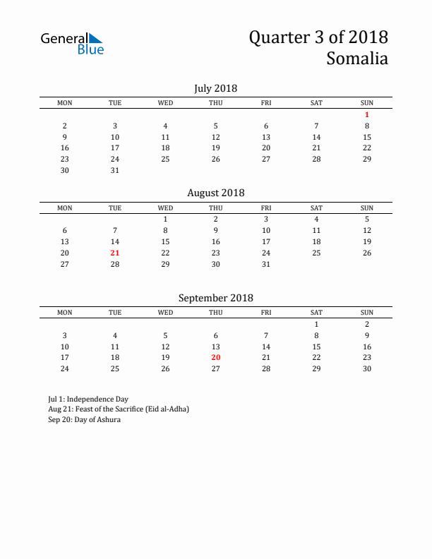 Quarter 3 2018 Somalia Quarterly Calendar