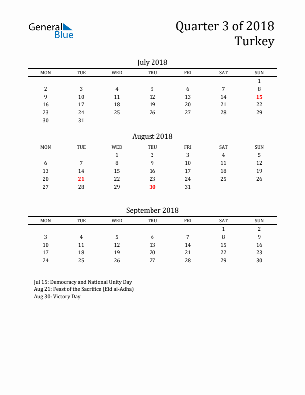 Quarter 3 2018 Turkey Quarterly Calendar