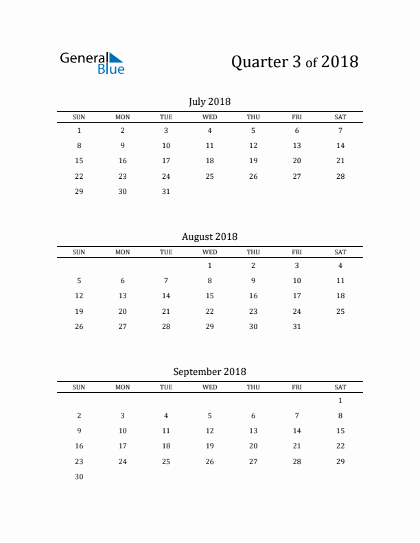 2018 Three-Month Calendar with Sunday Start - Quarter 3