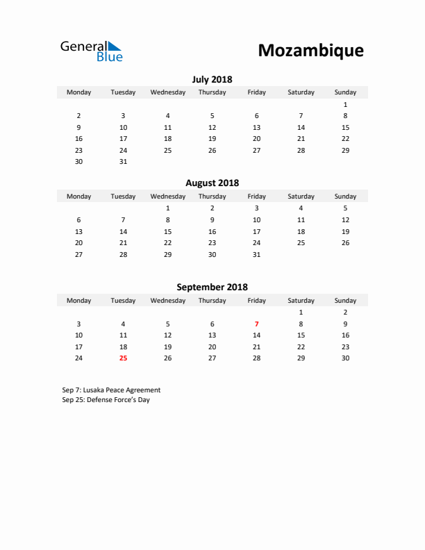 Printable Quarterly Calendar with Notes and Mozambique Holidays- Q3 of 2018