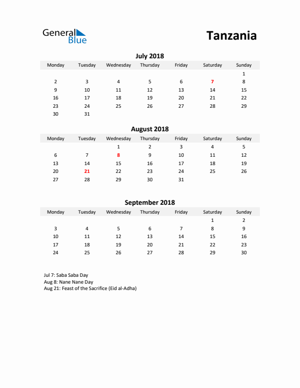 Printable Quarterly Calendar with Notes and Tanzania Holidays- Q3 of 2018