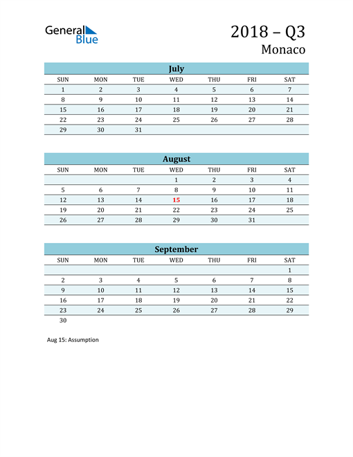  Three-Month Planner for Q3 2018 with Holidays