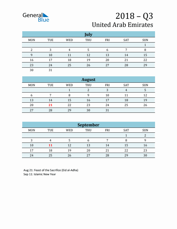 Three-Month Planner for Q3 2018 with Holidays - United Arab Emirates