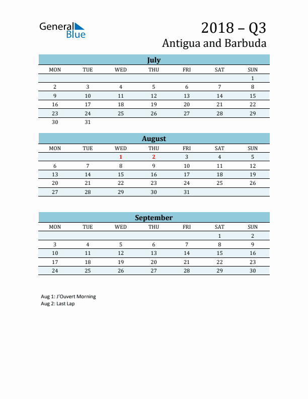 Three-Month Planner for Q3 2018 with Holidays - Antigua and Barbuda