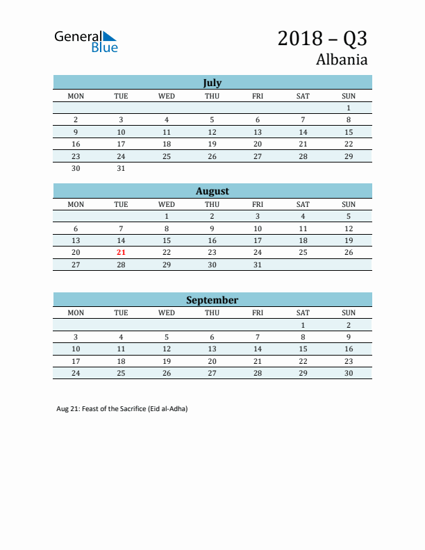 Three-Month Planner for Q3 2018 with Holidays - Albania