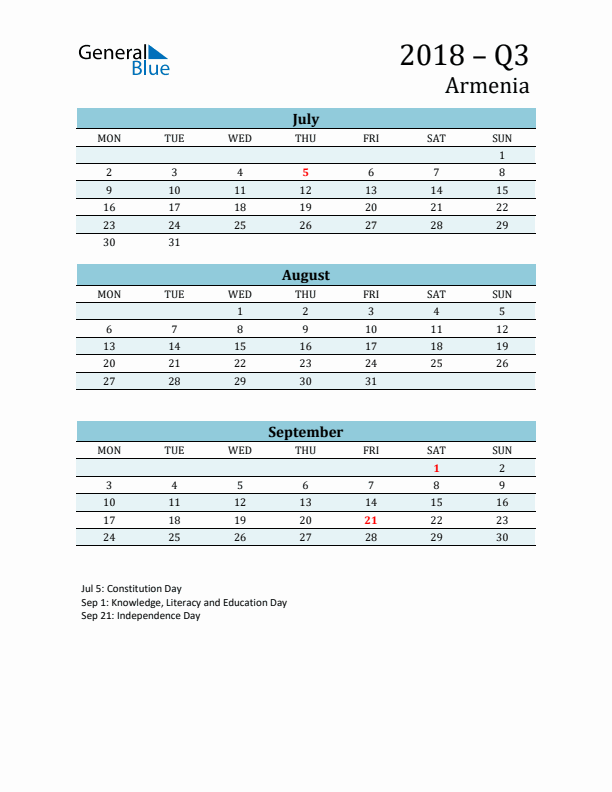 Three-Month Planner for Q3 2018 with Holidays - Armenia