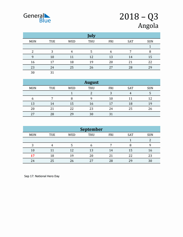 Three-Month Planner for Q3 2018 with Holidays - Angola