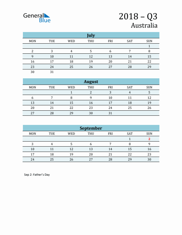 Three-Month Planner for Q3 2018 with Holidays - Australia