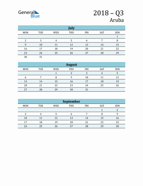 Three-Month Planner for Q3 2018 with Holidays - Aruba