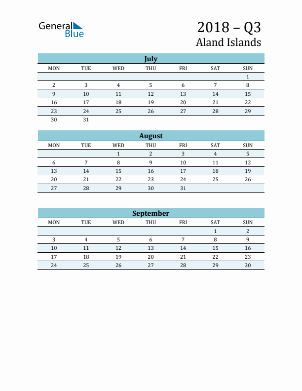 Three-Month Planner for Q3 2018 with Holidays - Aland Islands