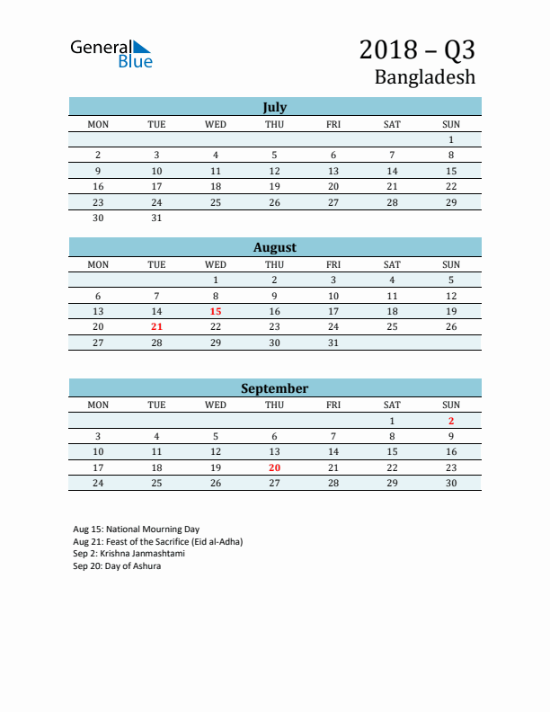 Three-Month Planner for Q3 2018 with Holidays - Bangladesh