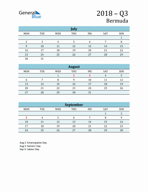 Three-Month Planner for Q3 2018 with Holidays - Bermuda