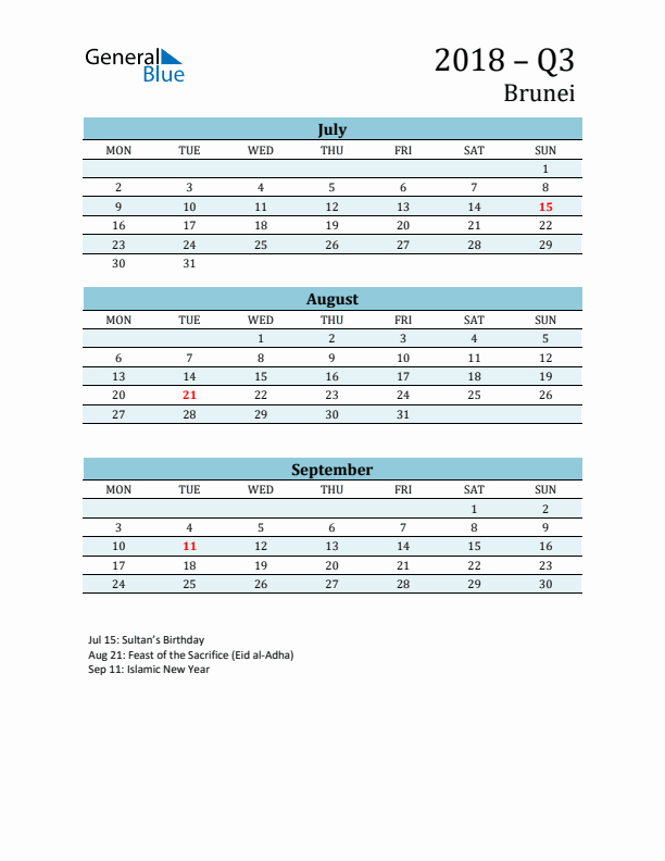 Three-Month Planner for Q3 2018 with Holidays - Brunei