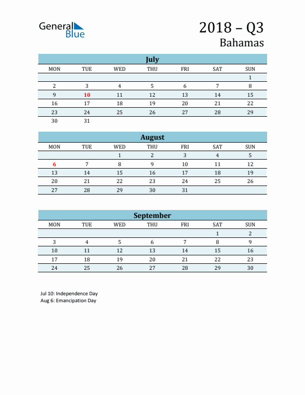 Three-Month Planner for Q3 2018 with Holidays - Bahamas