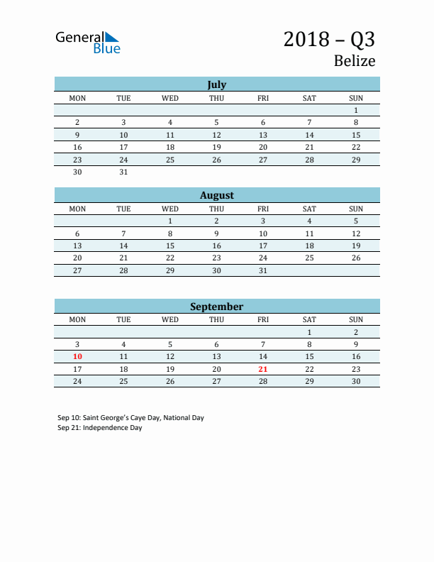 Three-Month Planner for Q3 2018 with Holidays - Belize