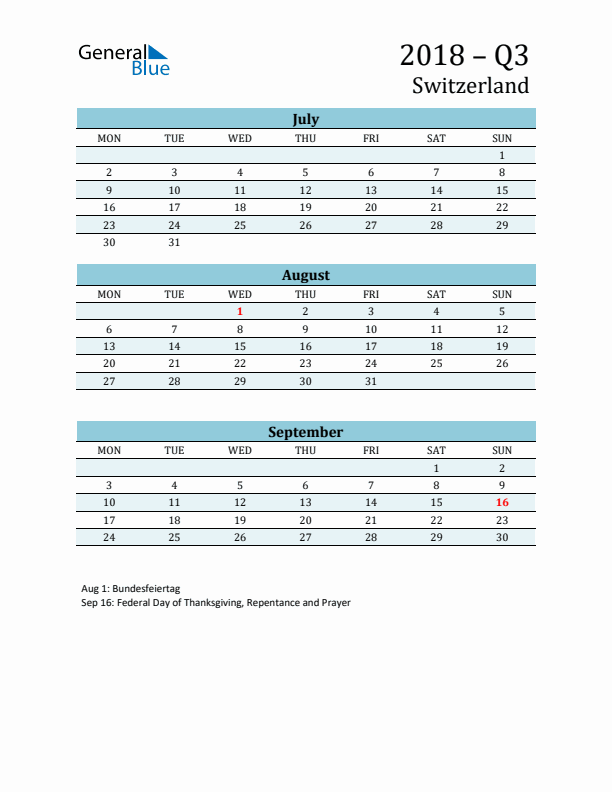 Three-Month Planner for Q3 2018 with Holidays - Switzerland
