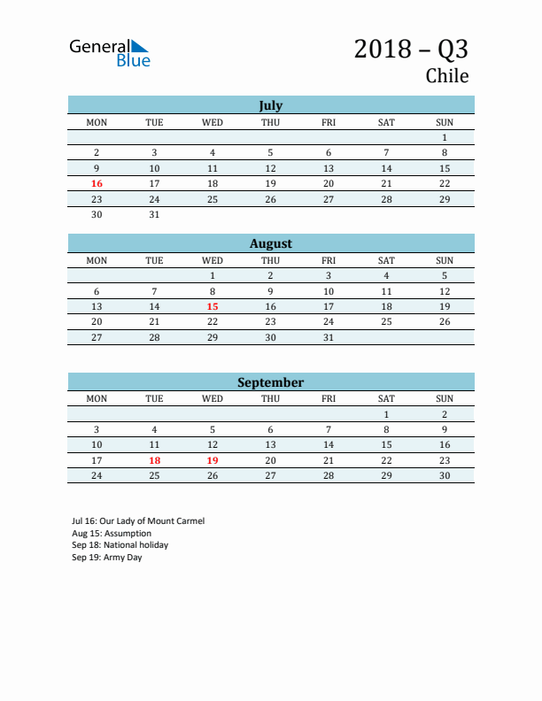 Three-Month Planner for Q3 2018 with Holidays - Chile