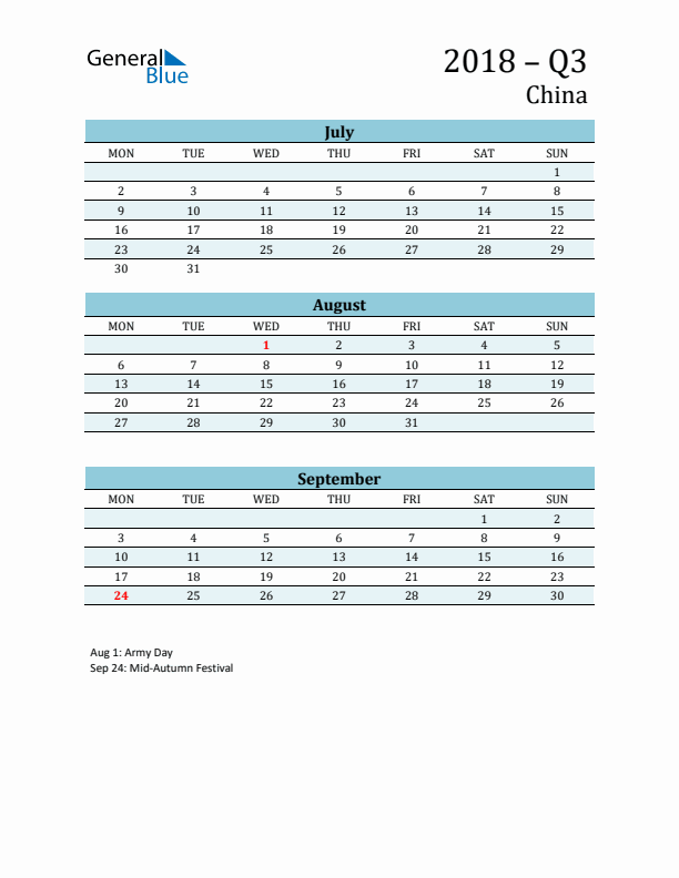 Three-Month Planner for Q3 2018 with Holidays - China