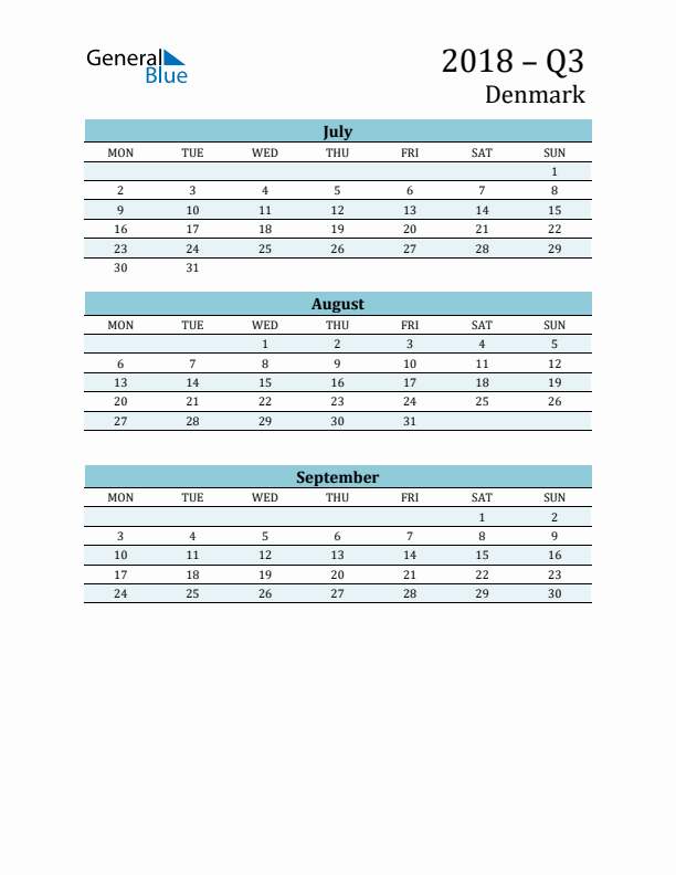 Three-Month Planner for Q3 2018 with Holidays - Denmark