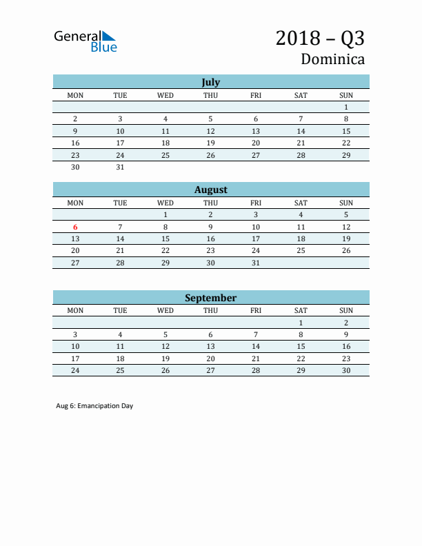 Three-Month Planner for Q3 2018 with Holidays - Dominica