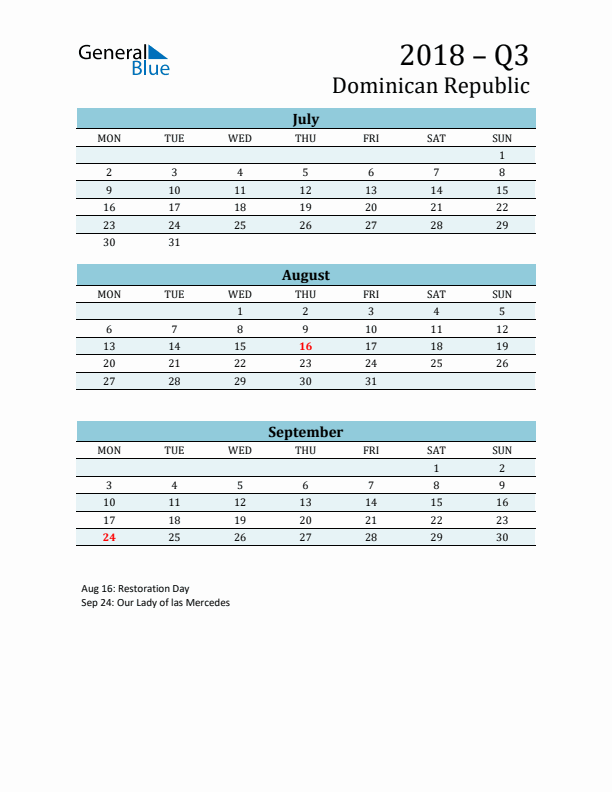 Three-Month Planner for Q3 2018 with Holidays - Dominican Republic