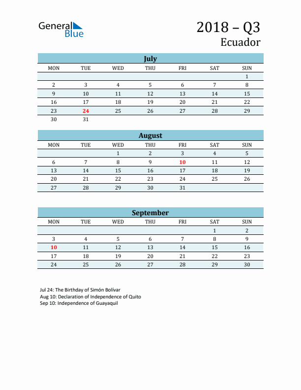 Three-Month Planner for Q3 2018 with Holidays - Ecuador