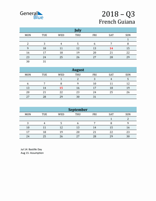 Three-Month Planner for Q3 2018 with Holidays - French Guiana