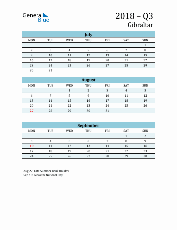 Three-Month Planner for Q3 2018 with Holidays - Gibraltar