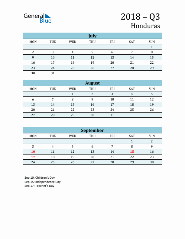 Three-Month Planner for Q3 2018 with Holidays - Honduras