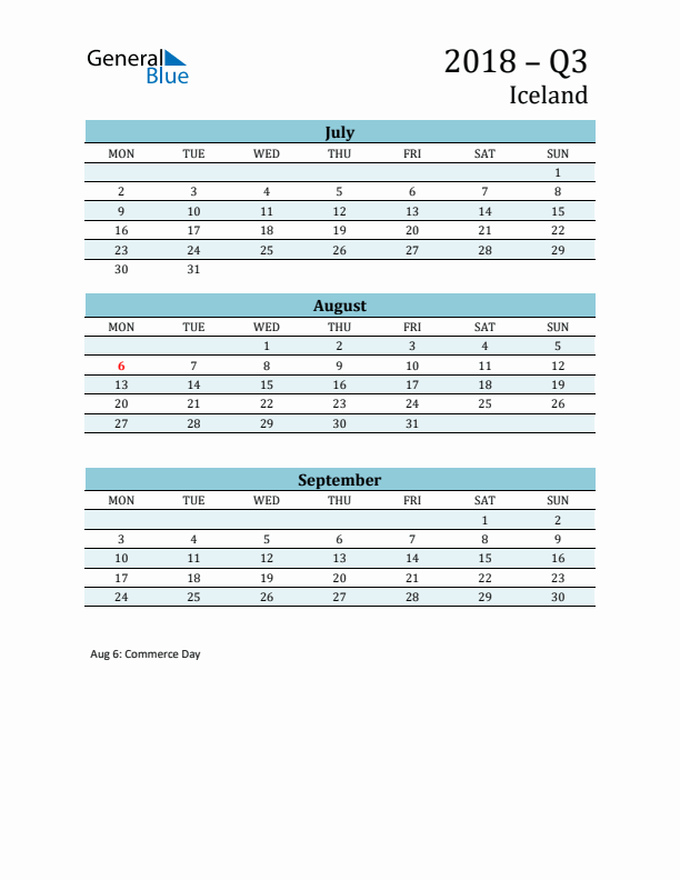 Three-Month Planner for Q3 2018 with Holidays - Iceland
