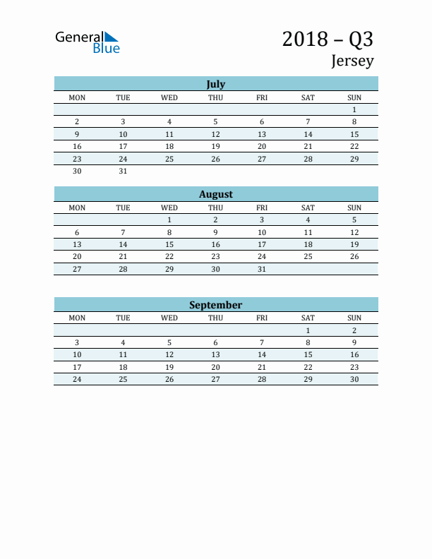 Three-Month Planner for Q3 2018 with Holidays - Jersey