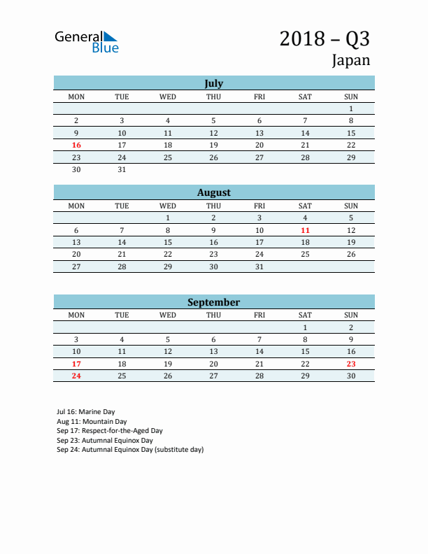 Three-Month Planner for Q3 2018 with Holidays - Japan