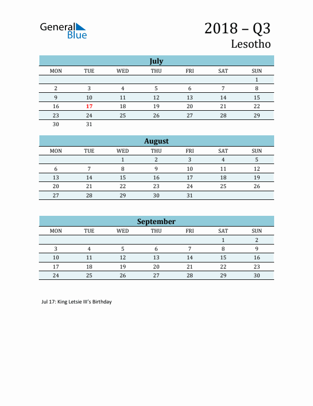 Three-Month Planner for Q3 2018 with Holidays - Lesotho