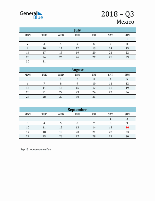 Three-Month Planner for Q3 2018 with Holidays - Mexico