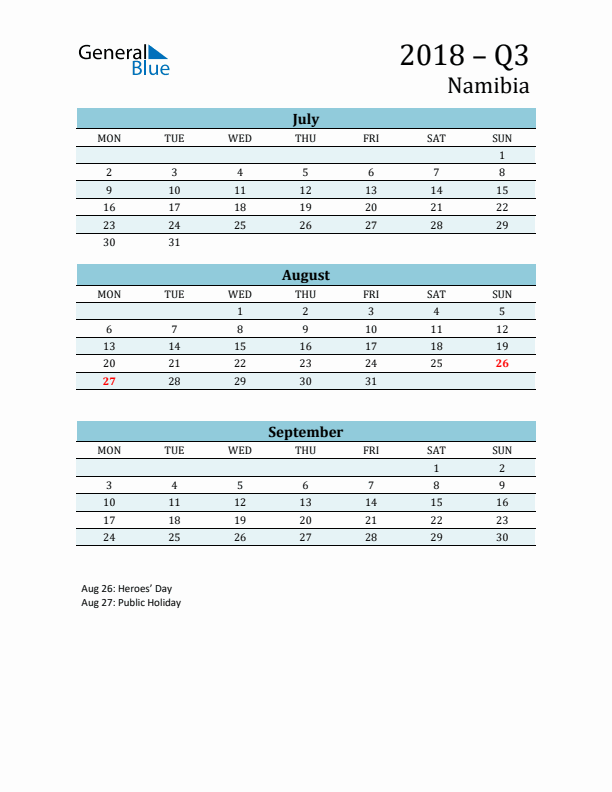 Three-Month Planner for Q3 2018 with Holidays - Namibia