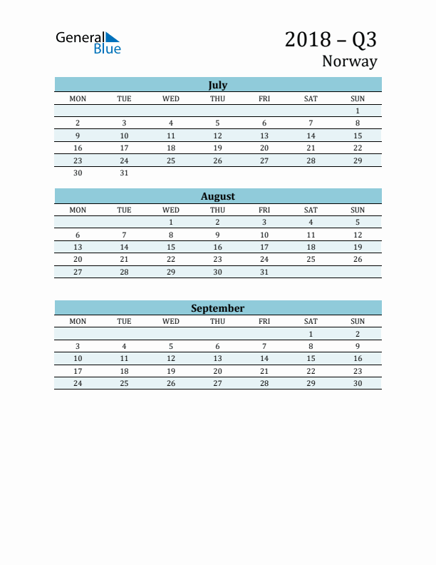 Three-Month Planner for Q3 2018 with Holidays - Norway