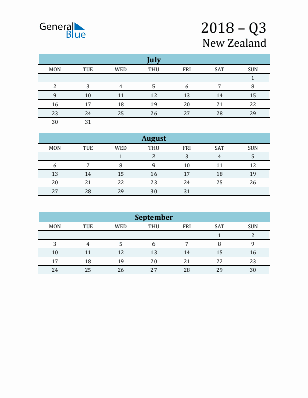 Three-Month Planner for Q3 2018 with Holidays - New Zealand