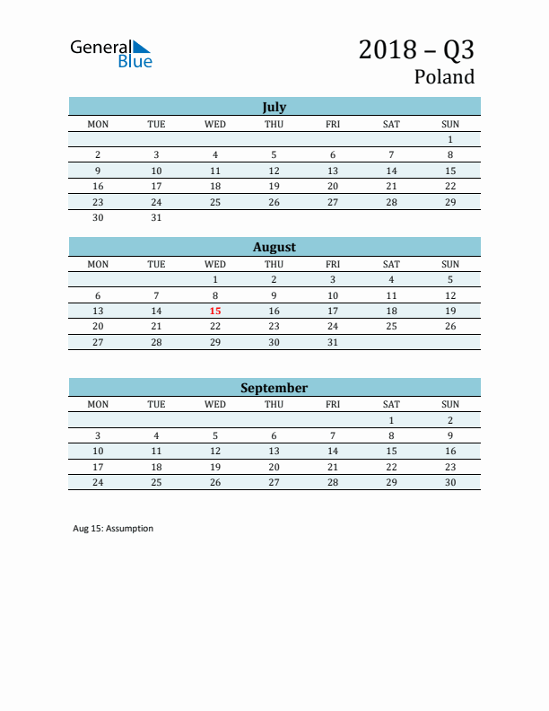 Three-Month Planner for Q3 2018 with Holidays - Poland