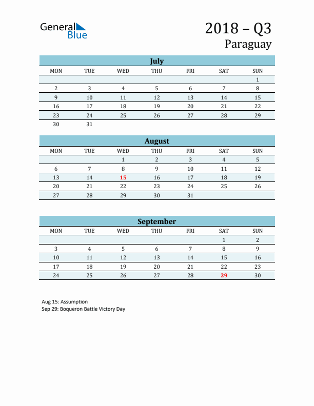Three-Month Planner for Q3 2018 with Holidays - Paraguay