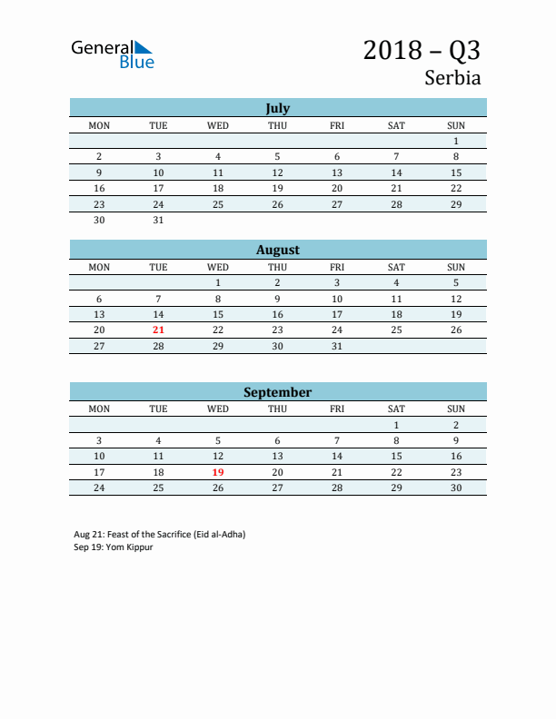 Three-Month Planner for Q3 2018 with Holidays - Serbia