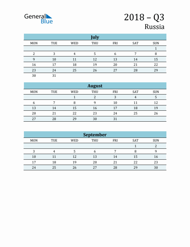 Three-Month Planner for Q3 2018 with Holidays - Russia