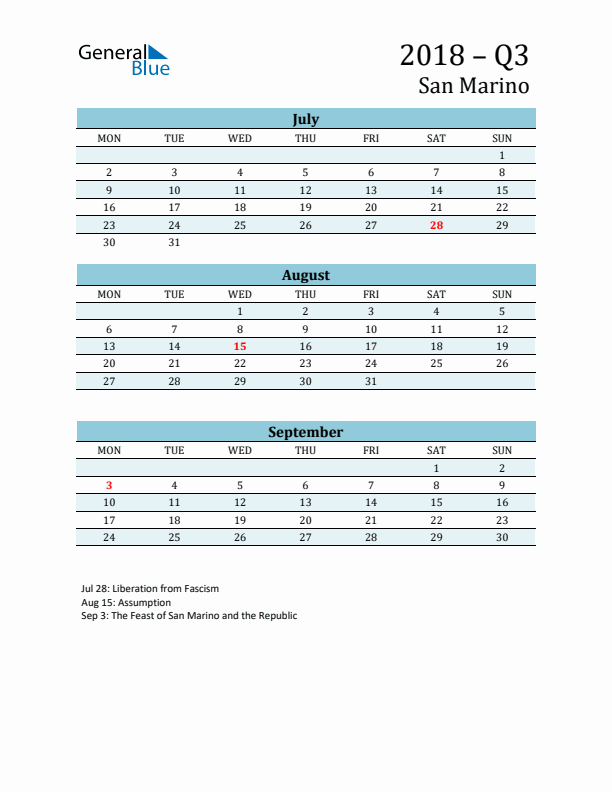 Three-Month Planner for Q3 2018 with Holidays - San Marino