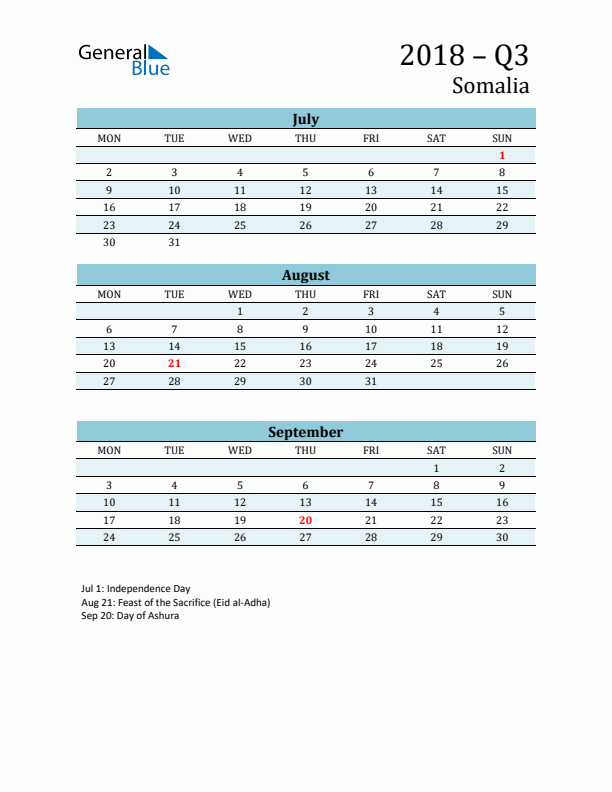 Three-Month Planner for Q3 2018 with Holidays - Somalia