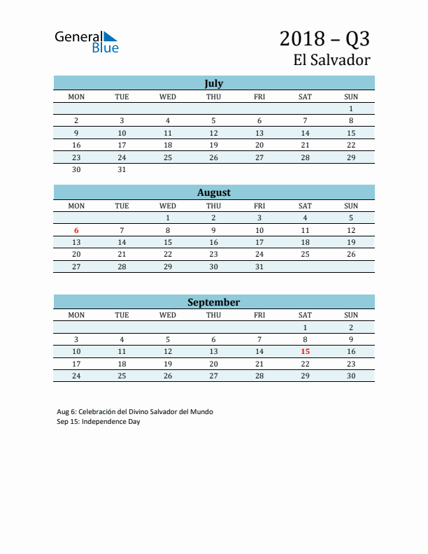 Three-Month Planner for Q3 2018 with Holidays - El Salvador