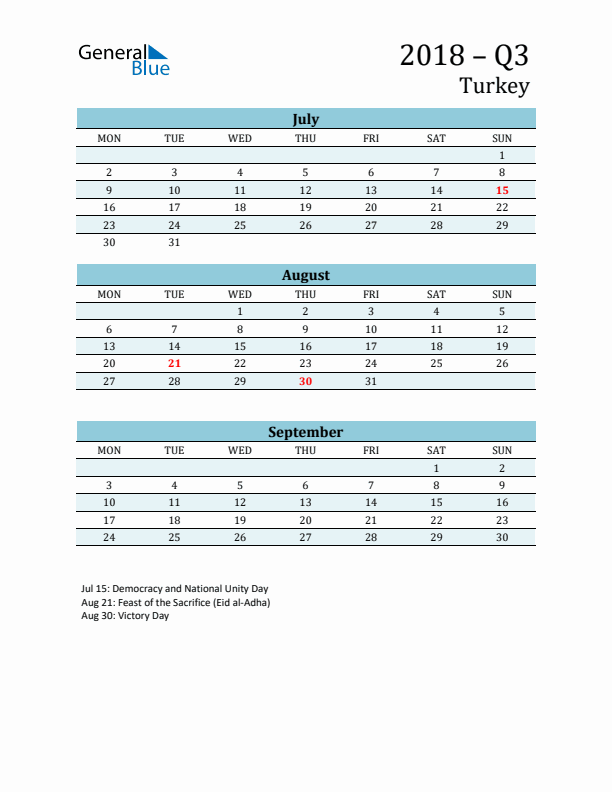Three-Month Planner for Q3 2018 with Holidays - Turkey