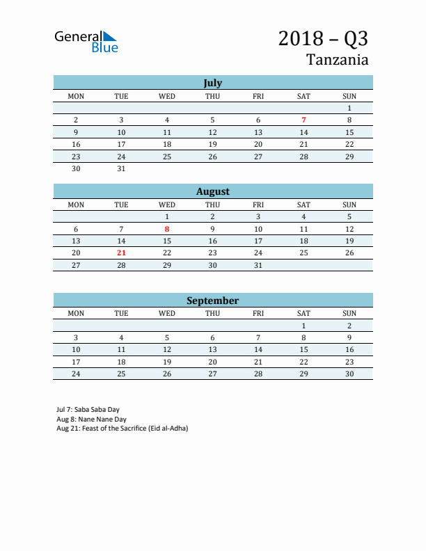 Three-Month Planner for Q3 2018 with Holidays - Tanzania