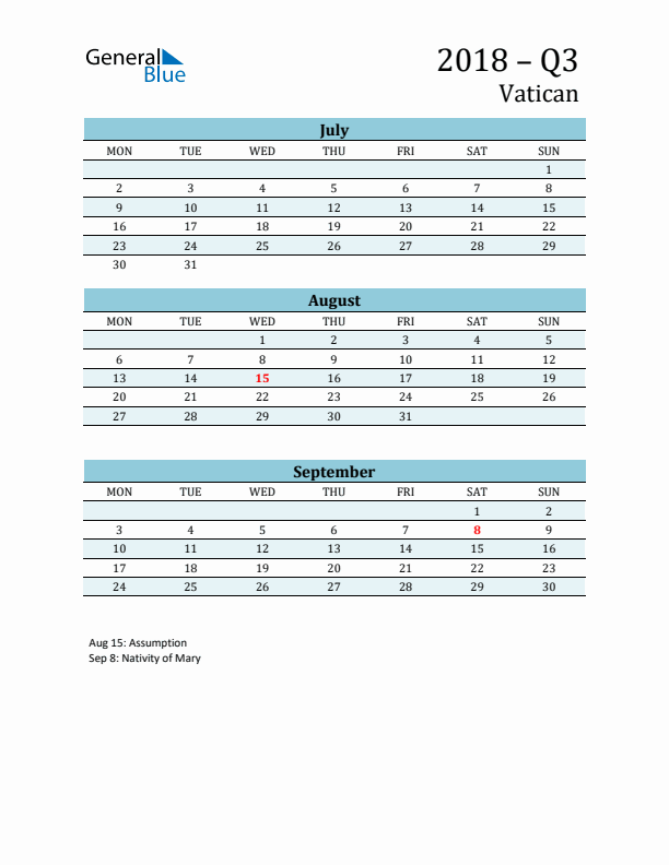 Three-Month Planner for Q3 2018 with Holidays - Vatican