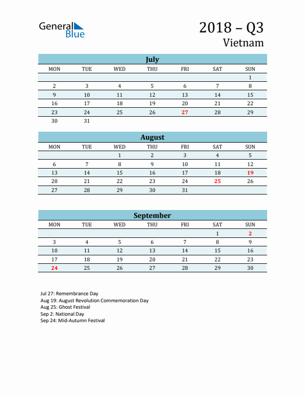 Three-Month Planner for Q3 2018 with Holidays - Vietnam