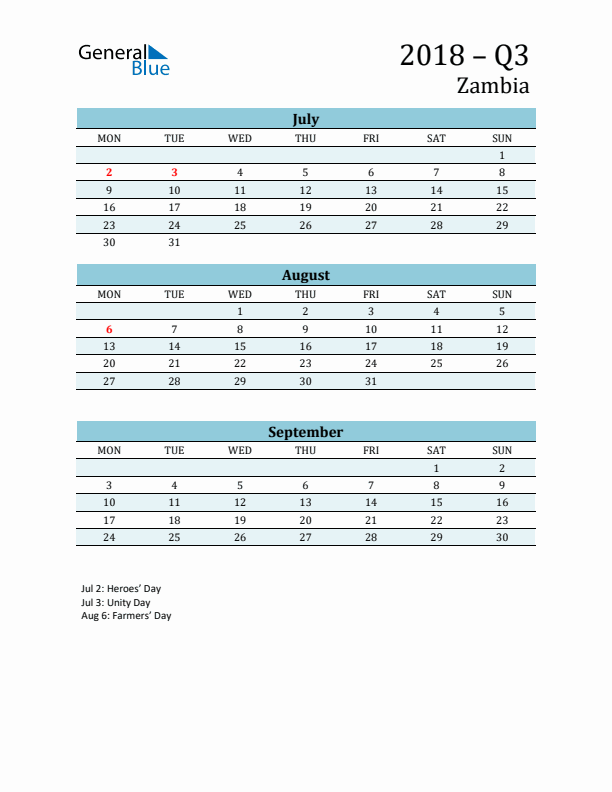 Three-Month Planner for Q3 2018 with Holidays - Zambia